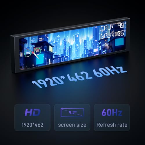Image of 9.2 inch IPS Computer Secondary Screen for PC Case, 1920x462 USB Mini Monitor with Sensor Panel, Real-Time CPU /GPU /RAM Temperature Display, Support Dynamic Theme & Customizable for Gaming PC