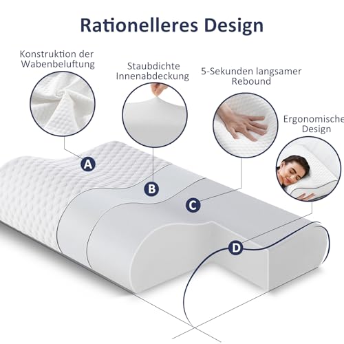BedStory Memory Foam Kissen Kopfkissen, Höheneinstellbares Nackenstützkissen, Ergonomisches Kopfkissen, Seitenschläferkissen für Rücken & Bauchschläfer (60x36x12/10 cm)