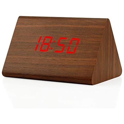 GEARONIC Digital Alarm Clock Wooden Alarm Clock Wood Modern Triangle Alarm Digital Desk Clock, Displays Time Date Temperature Calendar Wood Made Electric Clocks for Bedroom, Bedside - Brown Cover
