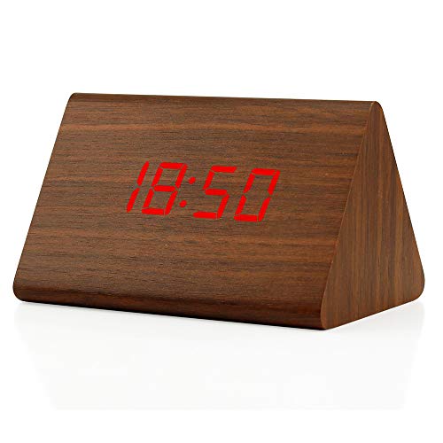 OCT17 Wooden Wood Clock, New Version LED Alarm Digital Desk Clock Adjustable Brightness, Alarm Time, Displays Time Date Temperature - Brown