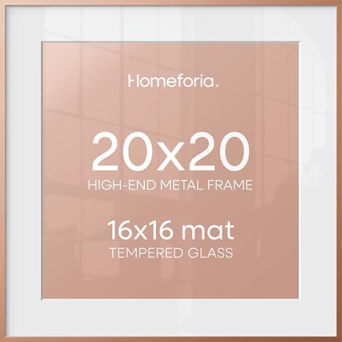 Image of Homeforia 20x20 Picture Frame Rose Gold, High End Metal 20 x 20 Square Poster Frame with Mat 16 x 16 Photo, 20x20 Frame Matted to 16x16 Print, 20by20 Hanging Frames, Tempered Glass, Wall Kit, Set of 1