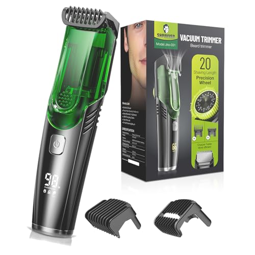 SHPAVVER Beard Trimmer for Men: Vacuum Mustache Trimmer for Less Mess -IPX7 Waterproof- Rechargeable Electric Beard Cutting Kit with Adjustable Length Comb for Sideburns/Stubble- Gift for Men