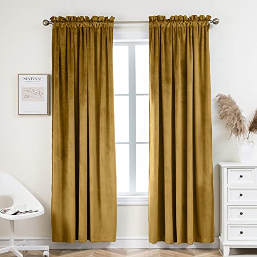 Image of PLEASANT BOULEVARD Golden Yellow Velvet Curtains 95 inch Long Heavyweight Blackout Curtains Rod Pocket Thermal Insulated Darkening Window Drapes for Bedroom Living Room, W52 x L95, 2 Panels