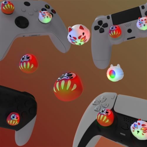 Image of PlayVital Cute Universal Illuminated LED Thumbstick Grips for ps5, for ps4, Joystick Caps for Xbox Series X|S, for Xbox One, Switch Pro Controllers, Joystick Protection - Daruma & Kitsune