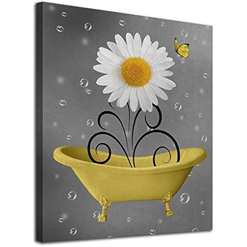 Bathroom Wall Art Daisy Canvas Pictures Modern Flower Bathtub Artwork Rustic Wood Board Background Contemporary Wall Art Decor Bedroom Living Room Office Home Framed Ready to Hang Yellow 12" x 16" Cover