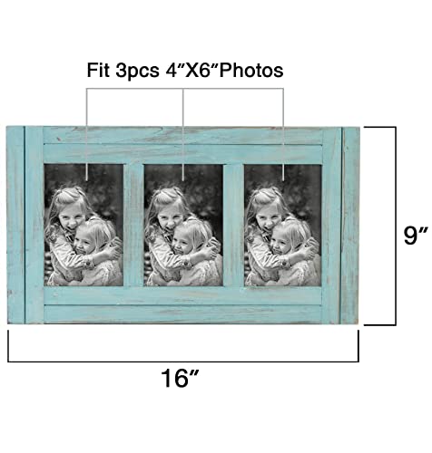 Rustic Distressed 3 Picture Photo Frames Collage 4X6 Wall Mounted Craftsmanship, Hanging Horizontal And Vertical, Gift For Halloween, Thanks Giving Day, Birthday, Anniversary, Christmas, New Year, Mother's Day（Blue) #TOP4