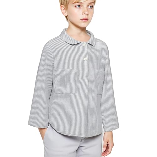Ashmyova Boys Long Sleeve Vintage Stripe Blouses Shirt Linen Classic Collared Button-Down Shirts Spring Tees Pocket Tops Blue Stripe Size 18-24 Months