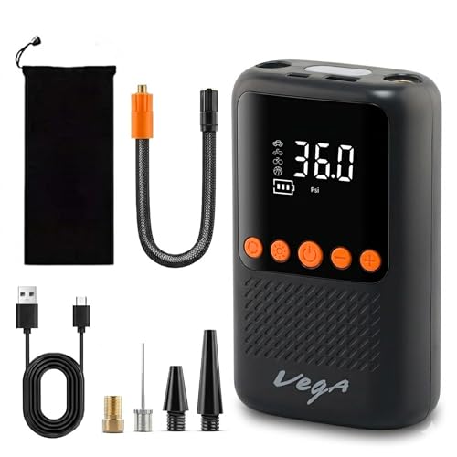Image of Vega Portable Cordless Digital Tyre Inflator for Car, Bike, Sports Balls & Inflatables | 150 PSI Air Compressor | 4000mAh Battery | LED Flashlight, Power Bank, Rechargeable Type-C, SOS Signal | Black