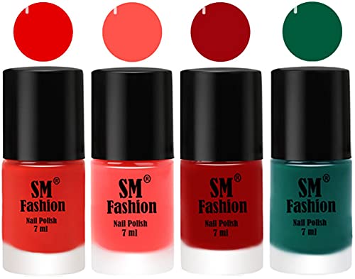 Image of Nail Polish Combo Set (Pack of 4) Quick Dry Gel Finish Nail Paint | Fire Orange,Baby Pink,Light Red,Green | 7 ml Each