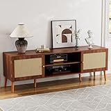 ZttRiee TV Stand for TVs up to 65'', Entertainment Center With Rattan Door, Shelves & 2 Cabinets, Long Boho Media Console for Living Room, Walnut