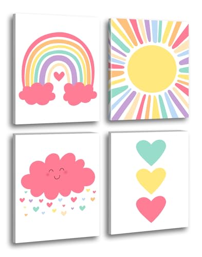 Framed Nursery Wall Art Set of 4,Boho Pink Rainbow Canvas Prints,8x10 in | Pink Rainbow Sun Heart Art Poster,Cute Baby Girl Room Decor,Kids Bedroom Artwork for Nursery,Modern Bohemian Wall Decor
