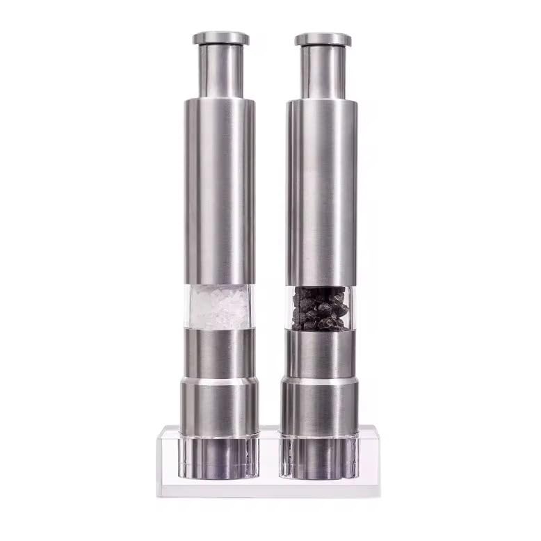 One-Handed Salt and Pepper Grinder Set, 6-Inch Stainless Steel Mills with Thumb Push Button, Includes Stand
