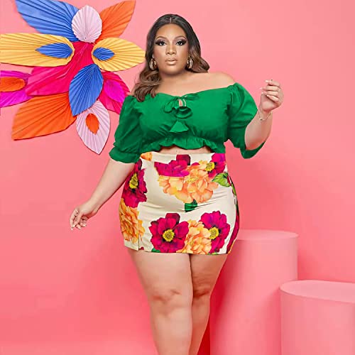 Image of Women Plus Size Skirt Two Piece Outfit Short Sleeve Off The Shoulder Crop Top shorts Dress Suit Set