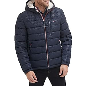 Tommy Hilfiger Herren Midweight Sherpa Lined Hooded Water Resistant Puffer Jacket Mantel, Tommy Logo Tech Navy, L