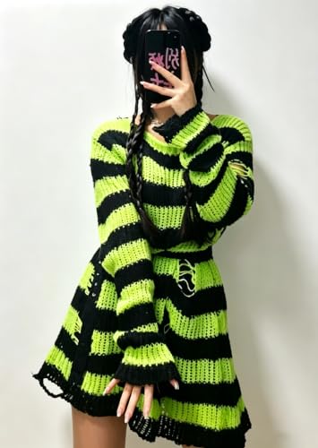 Image of Goth Y2K Striped Sweater Grunge Ripped Punk Gothic Sweaters for Women