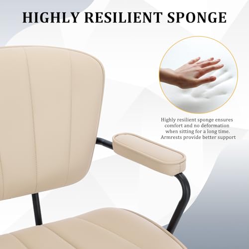 Image of Mid Century Modern Office Chair, Fixed Back Rolling Desk Chair with Armrests and Walnut Back, Adjustable Height for Home Office, Beige
