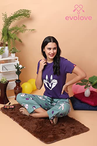 Image of Evolove Women's Cotton Round Neck Short SleevesNight Suit Set /Top Pyjama Set Super Soft Comfortable (Nightsuit-Round-HS-4)