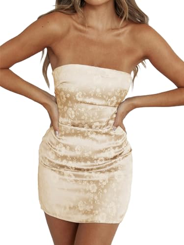 Lanbaodress Strapless Satin Homecoming Dresses for Teens 2025 Foral Print Tight Bodycon Short Prom Mini Club Party Dress Champagne Size 0