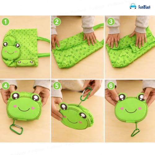 Image of FunBlast Foldable Shopping Bag - Cartoon Design Carry Bag with Zipper Pouch, Foldable Tote Bag for Girls & Women, Multipurpose Reusable Pouch Bags, Lightweight Travel Handbag with Handle Strap (Frog)