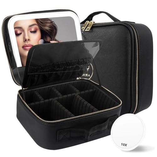 MOMIRA Travel Makeup Bag Cosmetic Bag with Lighted Mirror, Adjustable Brightness in 3 Color...