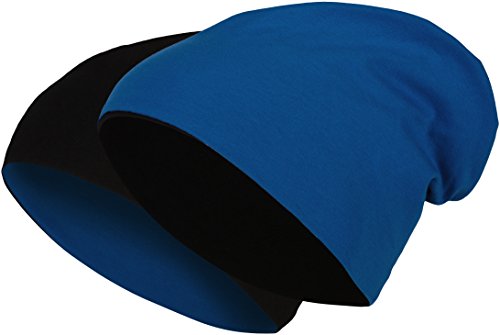 2 in 1 Wendemütze - Reversible Slouch Long Beanie Jersey Baumwolle elastisch Unisex Herren Damen Mütze Heather in 24 (8) (Black/Royal Blue)