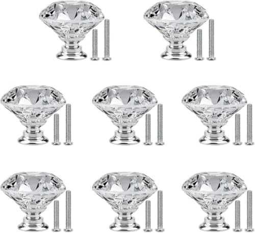 PERSENTU Crystal Drawer Knobs with 2 Sizes Screws Drawer Handles Crystal Glass Diamond Shaped Wardrobe Door Handles Cupboards Door Knobs for Dresser Drawers Kitchen Bathroom Cabinet Office (8PCS)