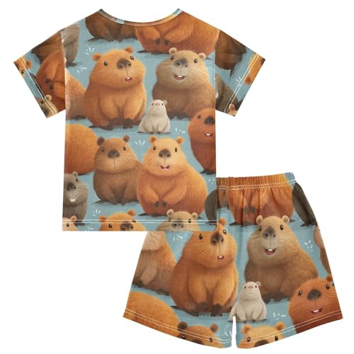 Pajama Short Sets Cute Brown Animal Pattern Soft Cotton Summer Sleepwear 2 Piece PJS Size 5-14T2