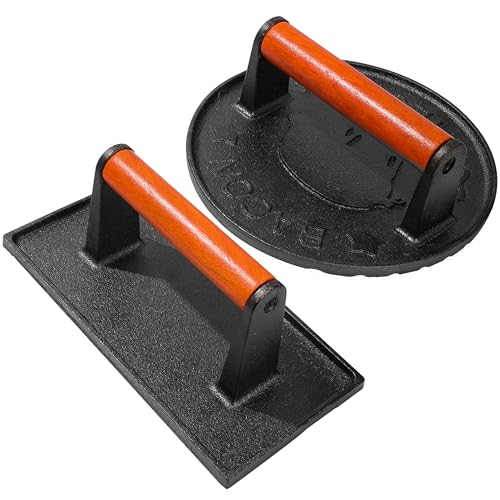 vivicreate 8.5 inch Rectangle & 7 inch Round Smash Burger Hamburger Smasher Patty Maker cast Iron Grill Weight Bacon Press Wood Handle prensa de hamburguesas prensa de Hierro fundido