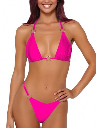 Women Bikini Set Two Piece Swimsuit Sexy Thong Bathing Suit Halter Triangle Tops Cheeky Bikini (Pink, X-Small)