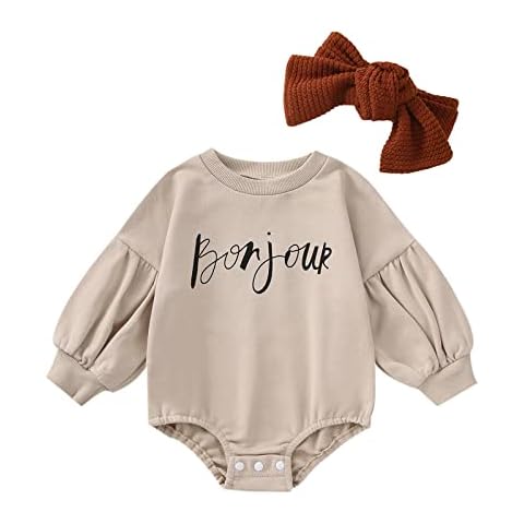 Caziffer Newborn Baby Girl Bubble Romper Bonjour Lantern Sleeve Sweatshirt Onesie Romper Headband Cute Fall Winter Outfits (Bonjour Beige, 6-12 Months) Cover