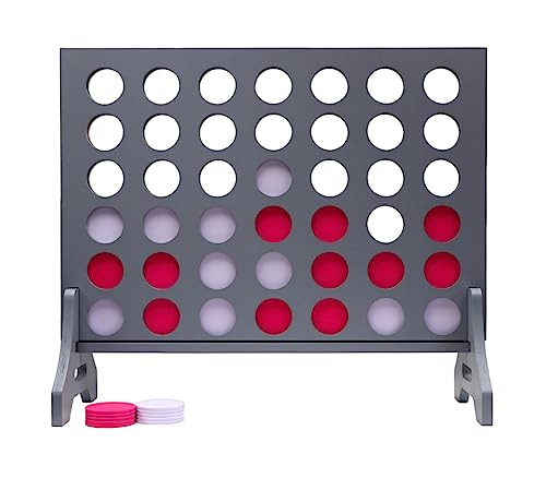 Image of Giant 4 in a Row Game for Family & Adults - Tailgating Pros Jumbo Grey Wooden Four in a Row Indoor & Outdoor Yard Game for Family Party Fun, Portable Activities for Patio, Backyard, and Camping