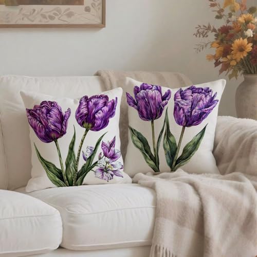 Housse coussin 65x65cm lin taie oreiller violette double face D570 - 4