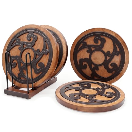 Trivets for Hot Pots and Pans - Trivet Set of 4 with Holder, Walnut Wood Trivets for Hot Dishes, Black Metal Hot Pads for Kitchen Counter, Mid-Century Modern Decor & Table Protector from Hot Pans