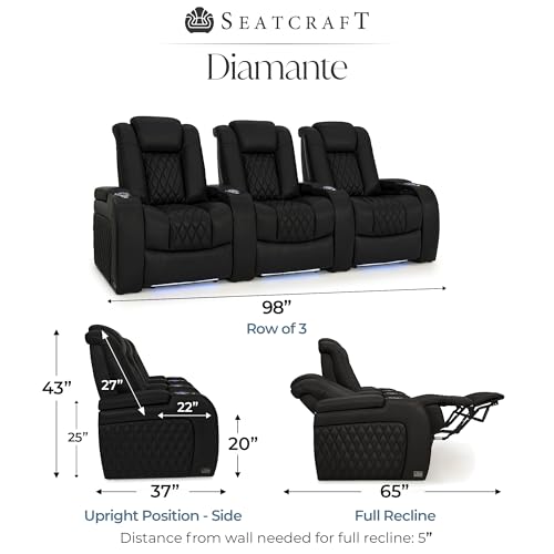 Image of Seatcraft Diamante Black Italian Leather Home Theater Seating, Zero Gravity Power Recliner Gaming and Home Office Chair, Powered Headrest Lounge Sofa Furniture for Cinema Room, Row of 3