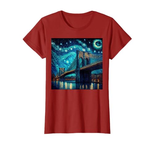 Brooklyn Bridge New York Starry Night T-Shirt, Women, Cranberry Red, Large