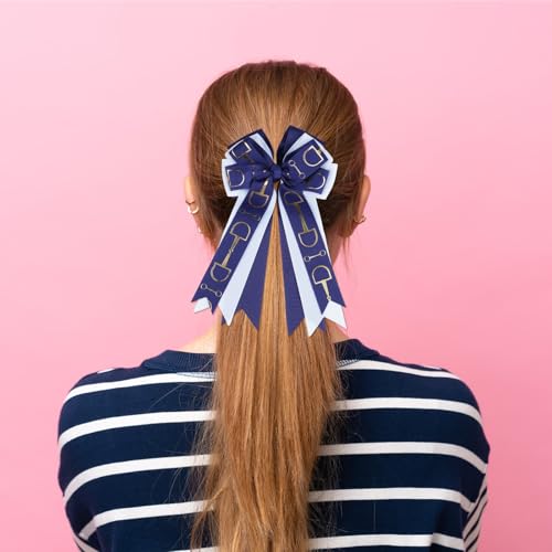 YKW 2 Pack Moños Ecuestres para Cabello para Niñas - Clips de Cinta con Diseño de Freno de Caballo en Azul Marino y Blanco - Accesorios de Grosgrain para Eventos de Equitación, Escuela, Fiestas - 4.3×7.5 Pulgadas miniatura 3