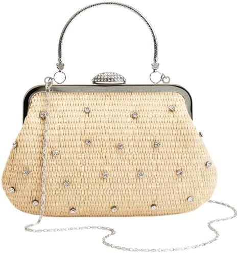 2026 Chic Straw Clutch Purses for Women with Top Handle Summer Bag, Ideal Vacation Handbags and Woven Beach Bag(Rhinestone Khaki)