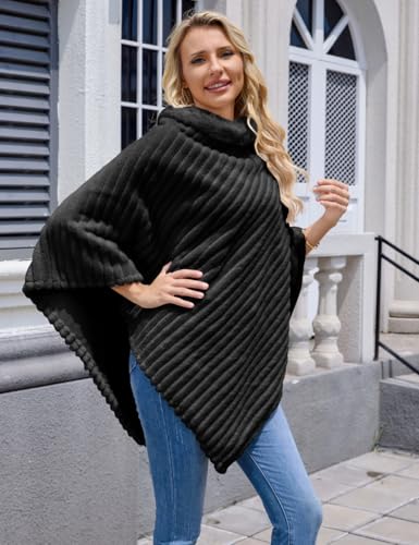Ferand Women's Cozy Striped Faux Fur Poncho Sweater Soft Fuzzy Shawl for Winter2