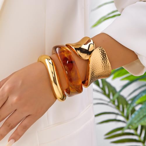Gmai Chunky Gold Bracelets For Women 3PCS Stackable Non Tarnish Cuff Bangles Hypoallergenic Statement Versatile and Fashion Jewelry Gift3