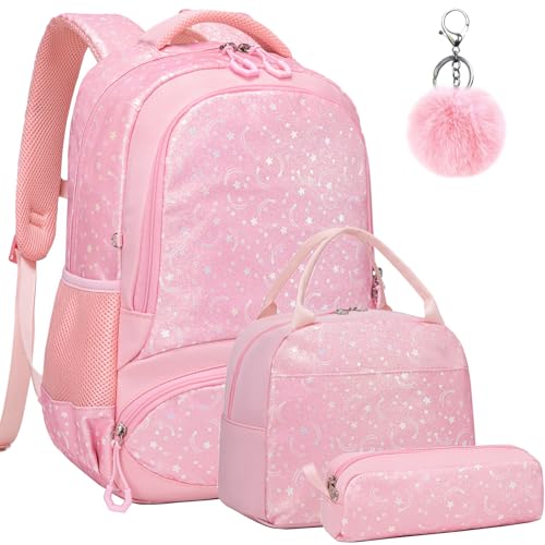 Meisohua Girls Backpack 3pcs Shiny Glitter School Backpack for Girls Bookbag for Kids Elementary School Bags Blingbling Sparkly Backpacks with Lunch Box