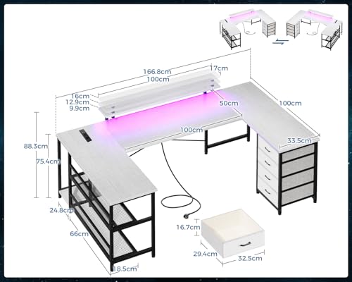 Scrivania con Cassetti, Scrivania ad Angolo Reversibile con Multipresa, Scrivania Gaming con LED e Supporto per Monitor per Ufficio a Casa, 167×102 cm, Bianco - Sedia gaming - Immagine 2