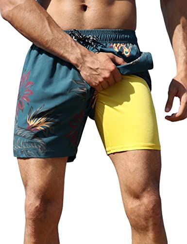 Nonwe Mens Swim Trunks Big And Tall Quick Dry Tropical Breathable Athletic Swimwear With Compression Liner Green 40 #TOP1