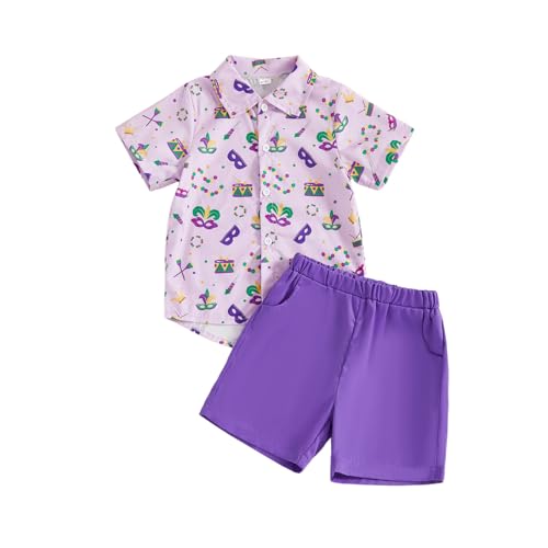 COORALLY Mardi Gras Toddler Boy Outfit Masks Print Short Sleeve Shirt Shorts Set Baby Boy Carnival Clothes (Purple 3-4T)