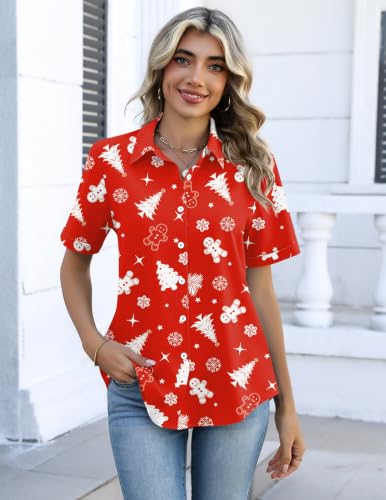 Image of Womens Christmas Tops Button Down Shirts Short Sleeve Oversized Blouses