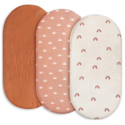 Image of Gllquen Baby Muslin Bassinet Sheets 3 Pack, Breathable Elastic Cozy Fitted Cotton Bassinet Mattress Sheet for Baby Boy Girls, Fit for Hourglass Oval Rectangular Cradle Pad Sheets 33"x17"(Rainbow)
