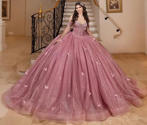 Mouccy Beaded 3D Butterfly Quinceanera Dresses with Train Off Shoulder Sweet 16 Dress Puffy Tulle Prom Dresses Long Ball Gown2