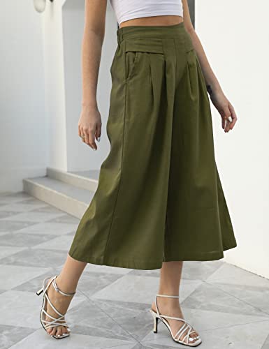 Image of Gihuo Culottes for Women Linen Wide Leg Gauchos Capri Palazzo Pants | Cotton Linen Pants,Flowy Pants,Women's Culottes,Cropped Pants,Elastic Waist Trousers with Pockets