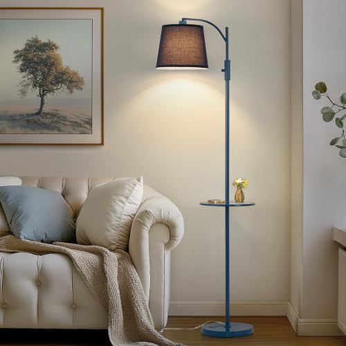 Image of AIDENOEY Fully Dimmable Floor Lamp for Living Room,Standing Lamp Rotary Switch with Table&Linen Beige Shade,Blue Tall Lamps for Bedroom with Adjust Head,9W LED Bulb Included