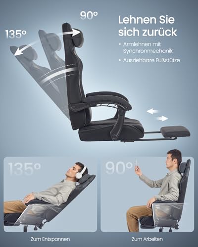 SONGMICS Gaming-Stuhl, Bürostuhl, Schreibtischstuhl, ergonomischer Gaming-Sessel, Sitzkissen mit Federn, Fußstütze, Armlehnen mit Synchronmechanik, tintenschwarz OBG079B01