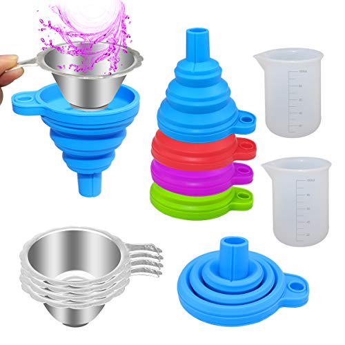 Chistepper 3D Printer Resin Filter Set including 4 Pieces Stainless Steel Filter Cups 4 Pieces Collapsible Silicone Funnels and 2 Pieces 100ml Silicone Measuring Cups for 3D Printer Accessories